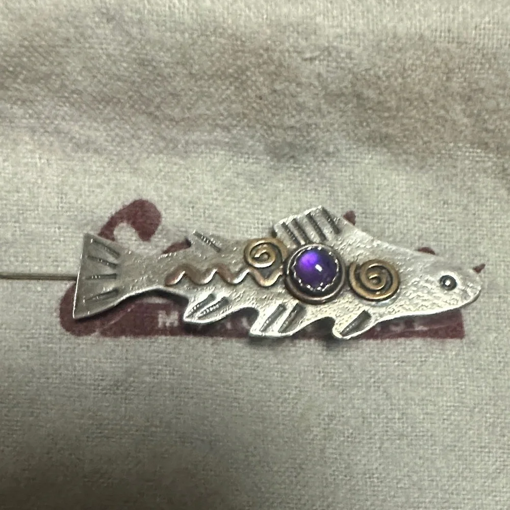 Vintage Sterling Silver Fish Pin with Purple Accent